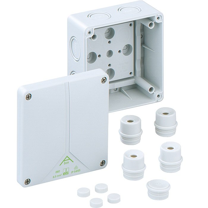 Фото Розподільча коробка Abox 060-L (110х110х67). Введеня-9 місць (6-М20/М25, 1-М20, 2-М16 на днищі), IP65
